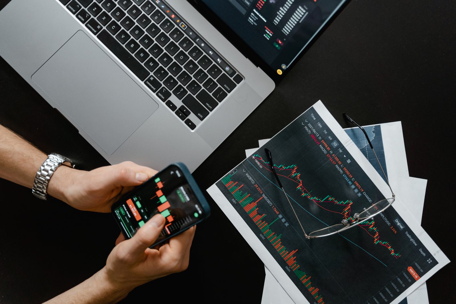 Index charts on a laptop and phone beside printed candlestick sheets
